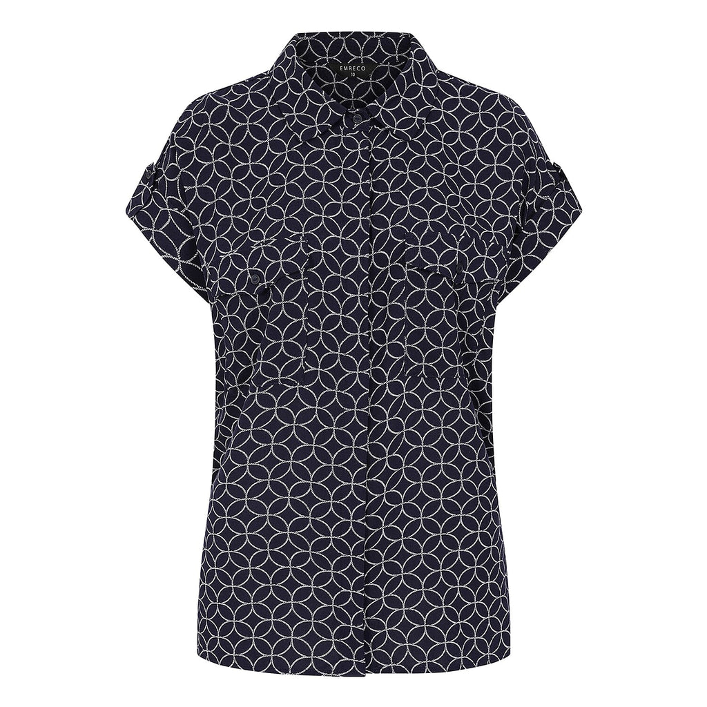 Emreco Spun Viscose Printed Short Sleeve Collared Blouse (Size 10) - Navy