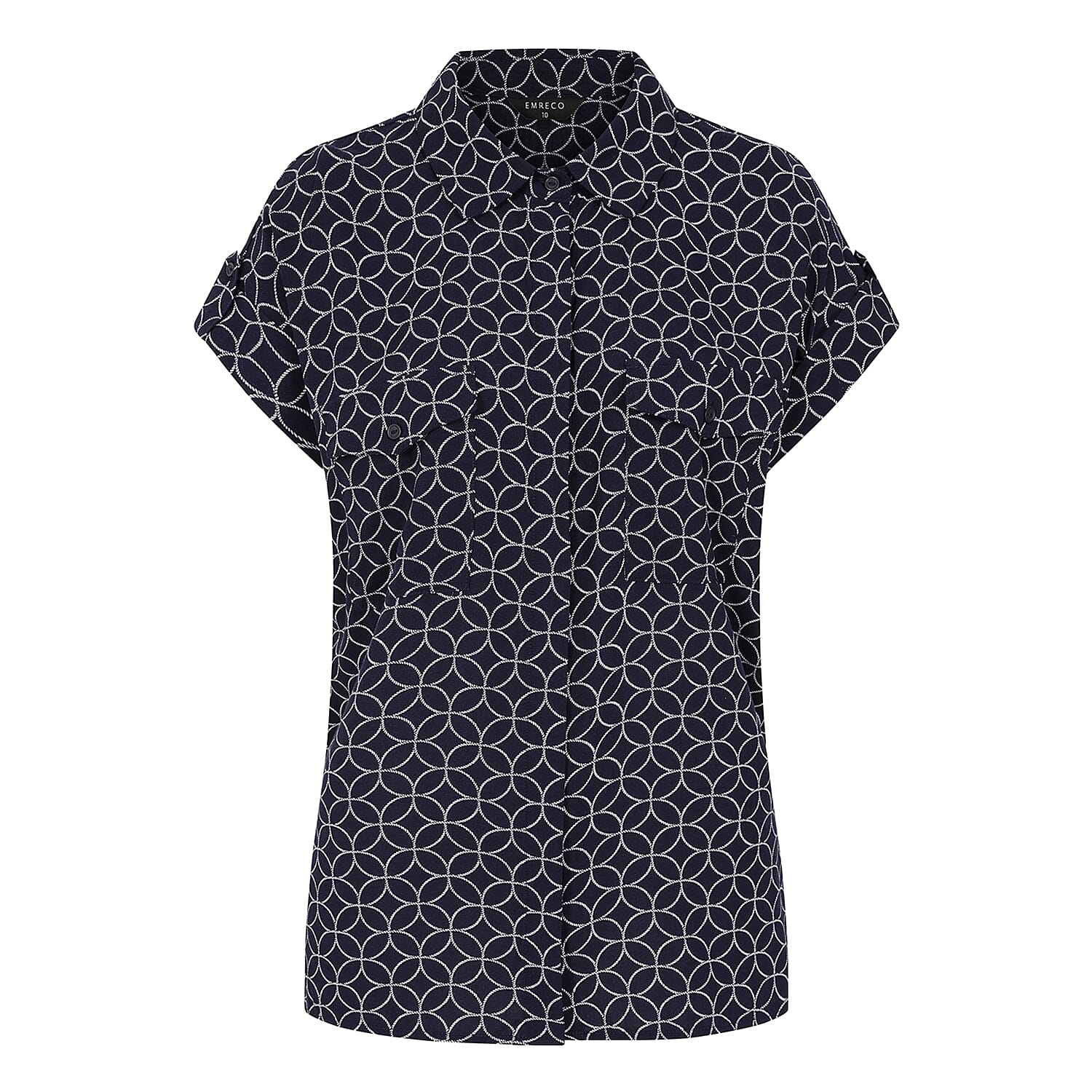 Emreco Spun Viscose Printed Short Sleeve Collared Blouse (Size 10) - Navy 8265736 1