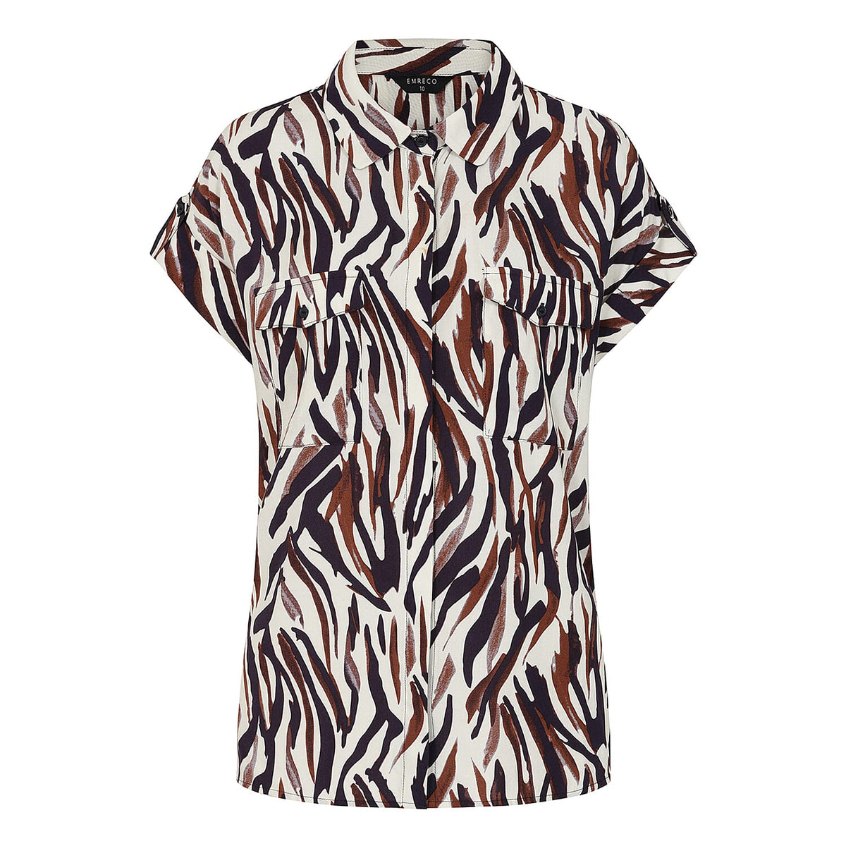 Emreco Spun Viscose Animal Print Short Sleeve Collared Blouse (Size 12) - Brown &amp; Ivory V32550922 1