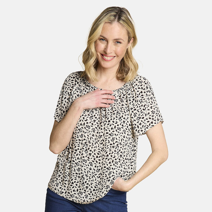 Emreco Short Sleeve Ivory Leaf Print Off-Shoulder Top (Size 10) V32629472 1