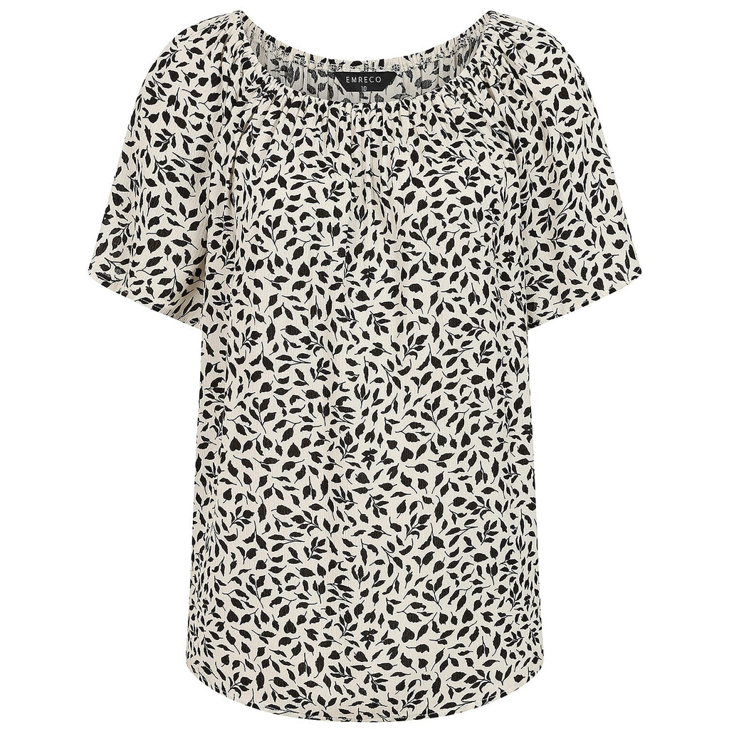 Emreco Short Sleeve Ivory Leaf Print Off-Shoulder Top (Size 10)