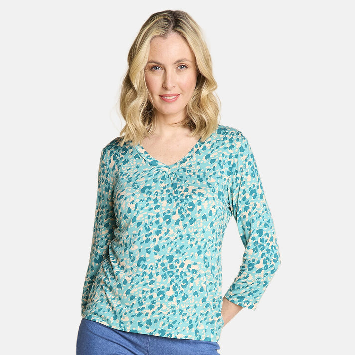 Emreco Casual 3-4 Sleeve V-Neck Animal Print Top 7972382 1