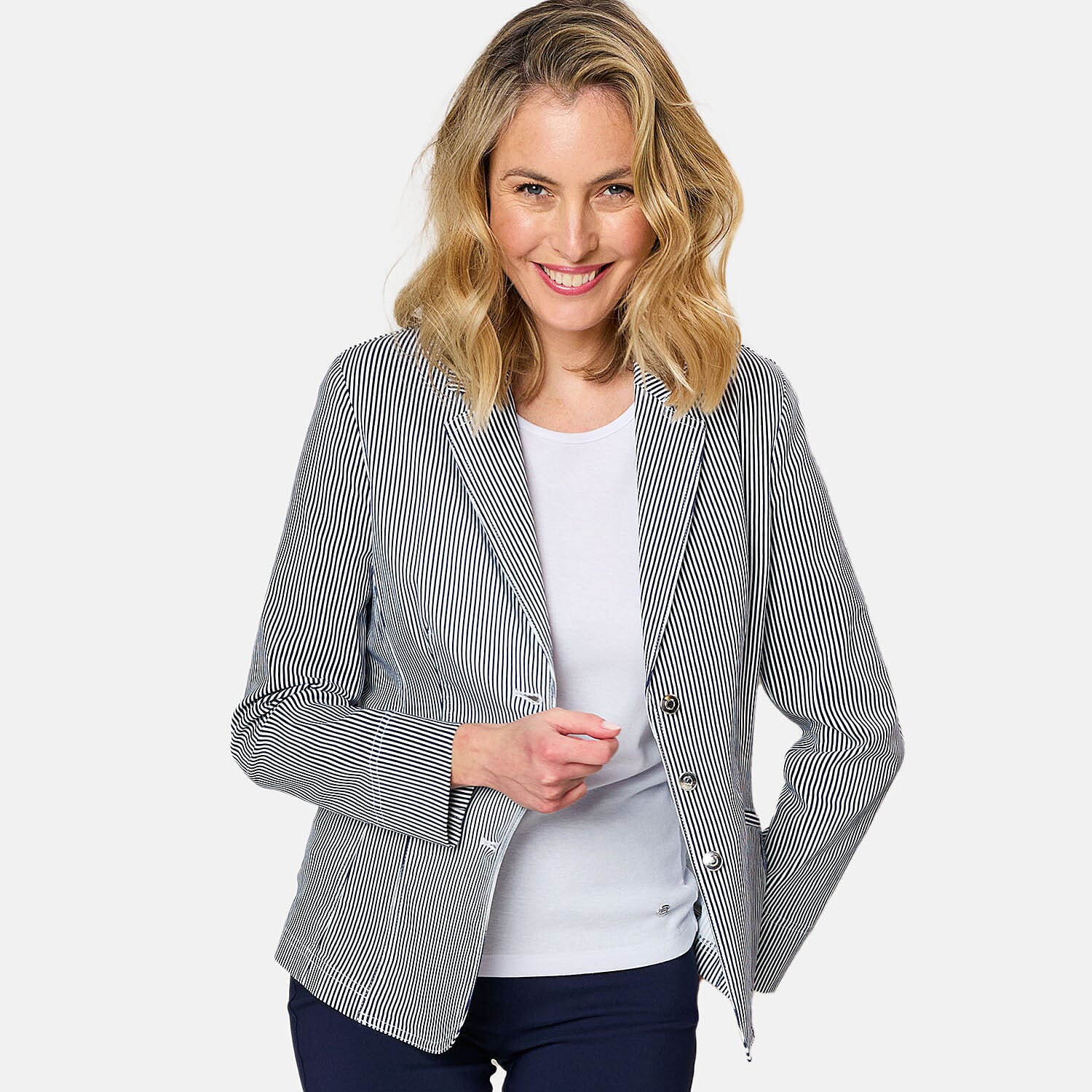 Emreco Fitted Stretch Stripe Blazer (Size 10) - Navy 7744394 0