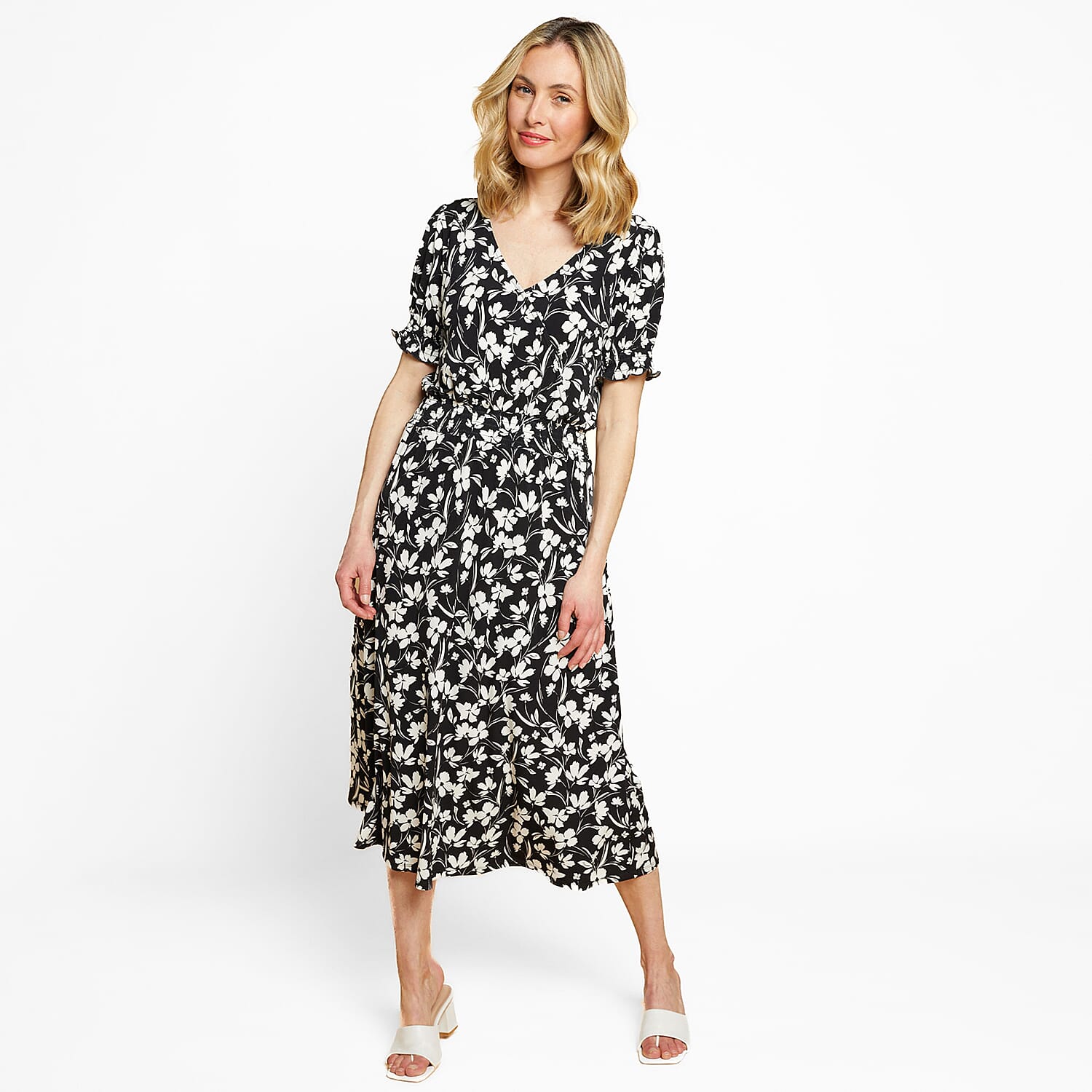 Emreco Floral Print Shirred Wrap Tea Dress - Black 7554057 0