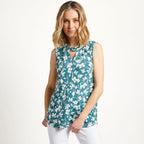 Emreco Floral Print Twist Neck Sleeveless Top (Size 20) - Teal