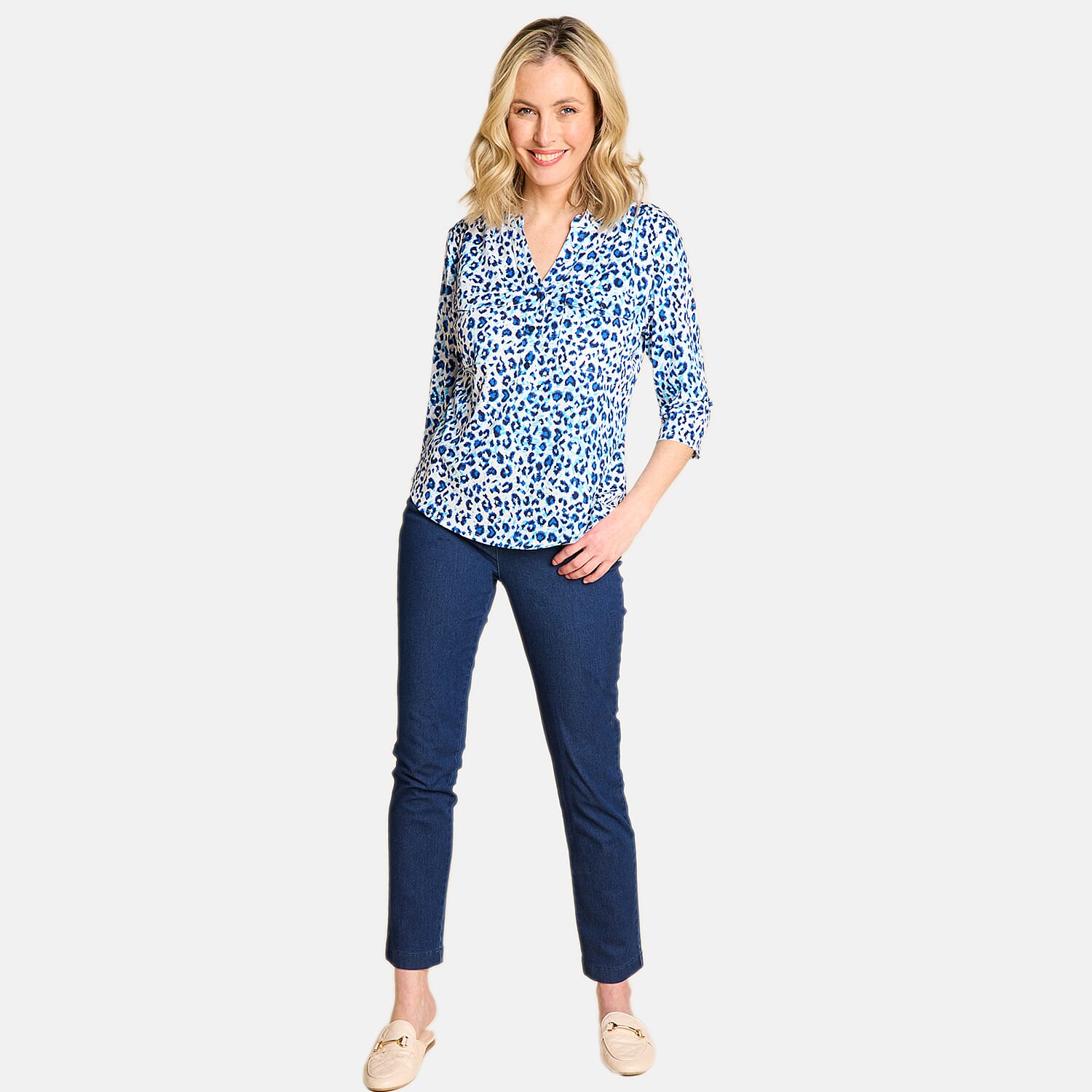 Emreco 3-4 Sleeve Animal Printed Mandarin Collar Blouse (Size 18) - Blue &amp; White 7972167 1