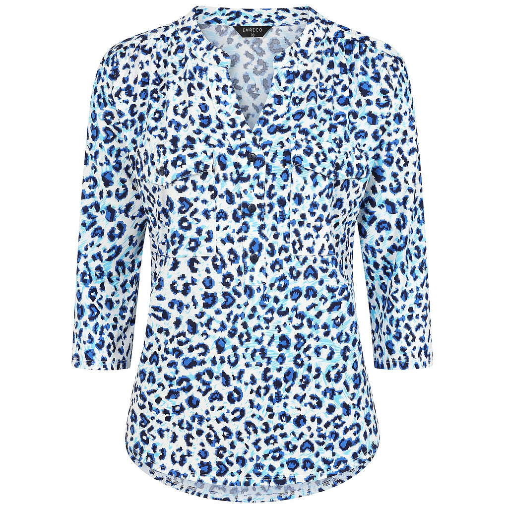 Emreco 3-4 Sleeve Animal Printed Mandarin Collar Blouse (Size 18) - Blue & White