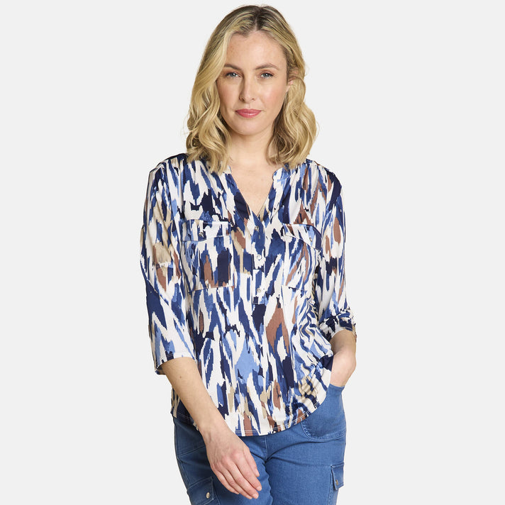 Emreco 3-4 Sleeve Printed Mandarin Collar Blouse (Size 10) - Chevron 7972173 1