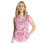 Emreco Abstract Leaf Print Mandarin Collar Sleeveless Blouse (Size 10) - Pink