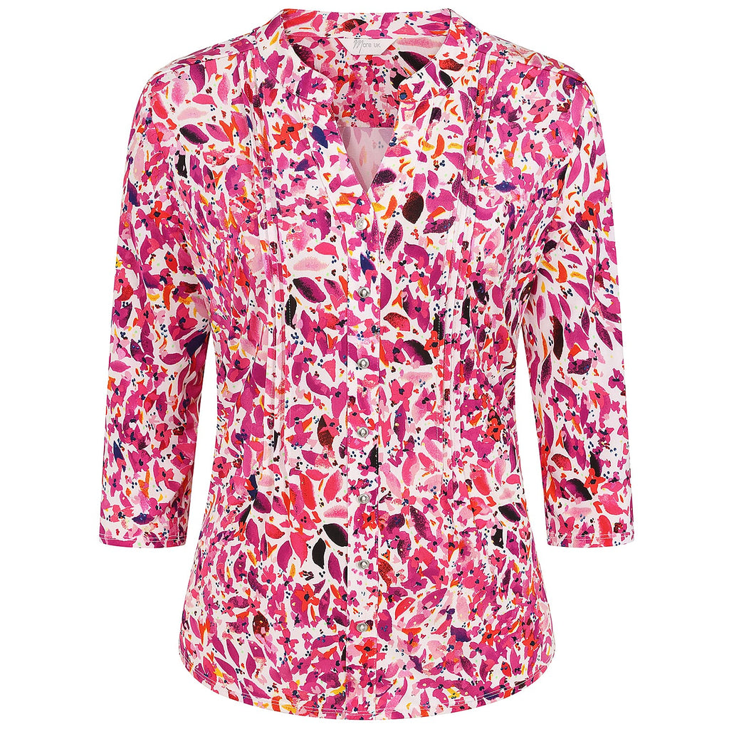 Emreco 3-4 Sleeve Printed Pintuck Mandarin Collar Blouse (Size 18) - Pink