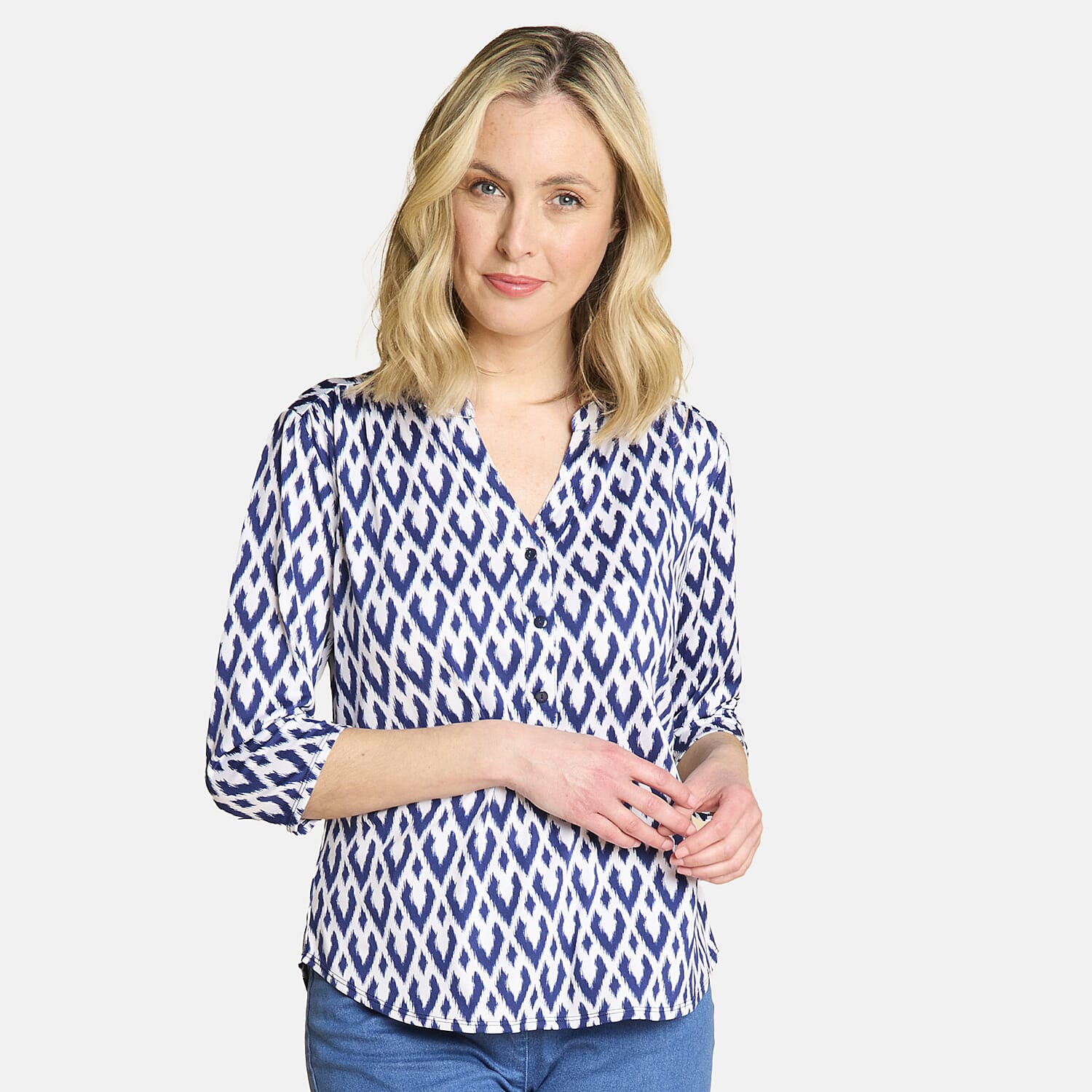 3/4 Sleeve Print Mandarin Collar Top (Size 18) - White 7972452 0