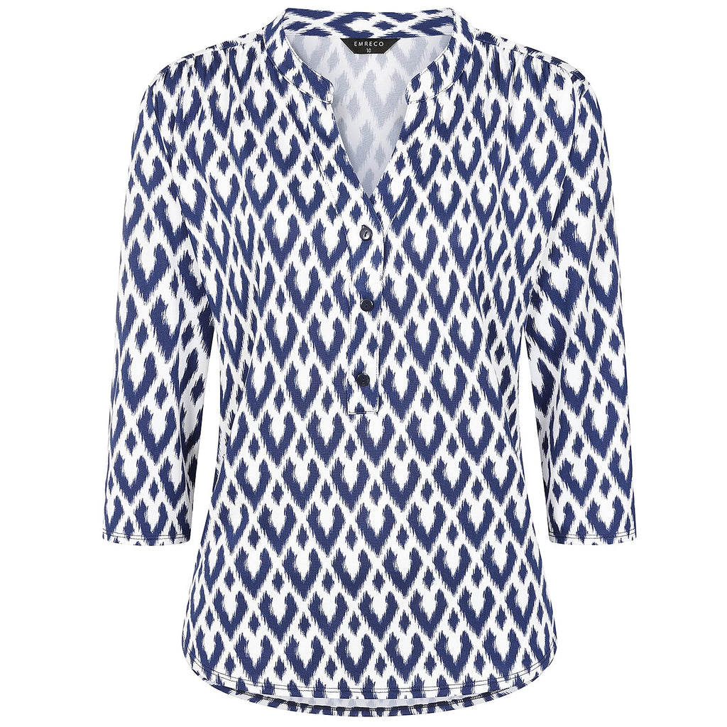 Emreco 3-4 Sleeve Printed Mandarin Collar Blouse (Size 18) - White Base With Blue Details