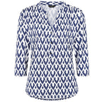 Emreco 3-4 Sleeve Printed Mandarin Collar Blouse (Size 18) - White Base With Blue Details