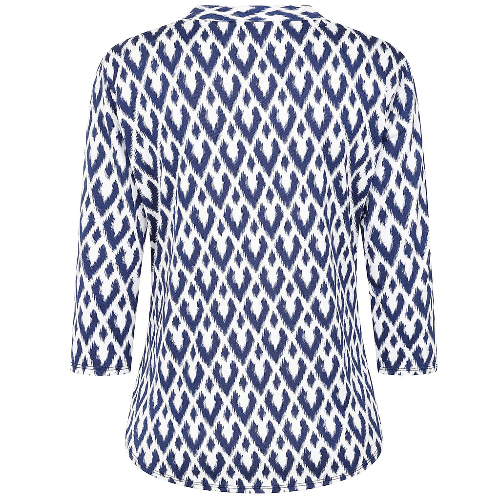 Emreco 3-4 Sleeve Printed Mandarin Collar Blouse (Size 18) - White Base With Blue Details