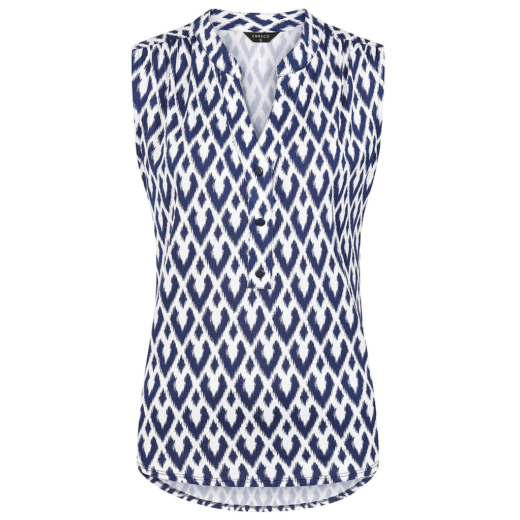 Emreco Geometric Print Mandarin Collar Sleeveless Blouse (Size 10) - White