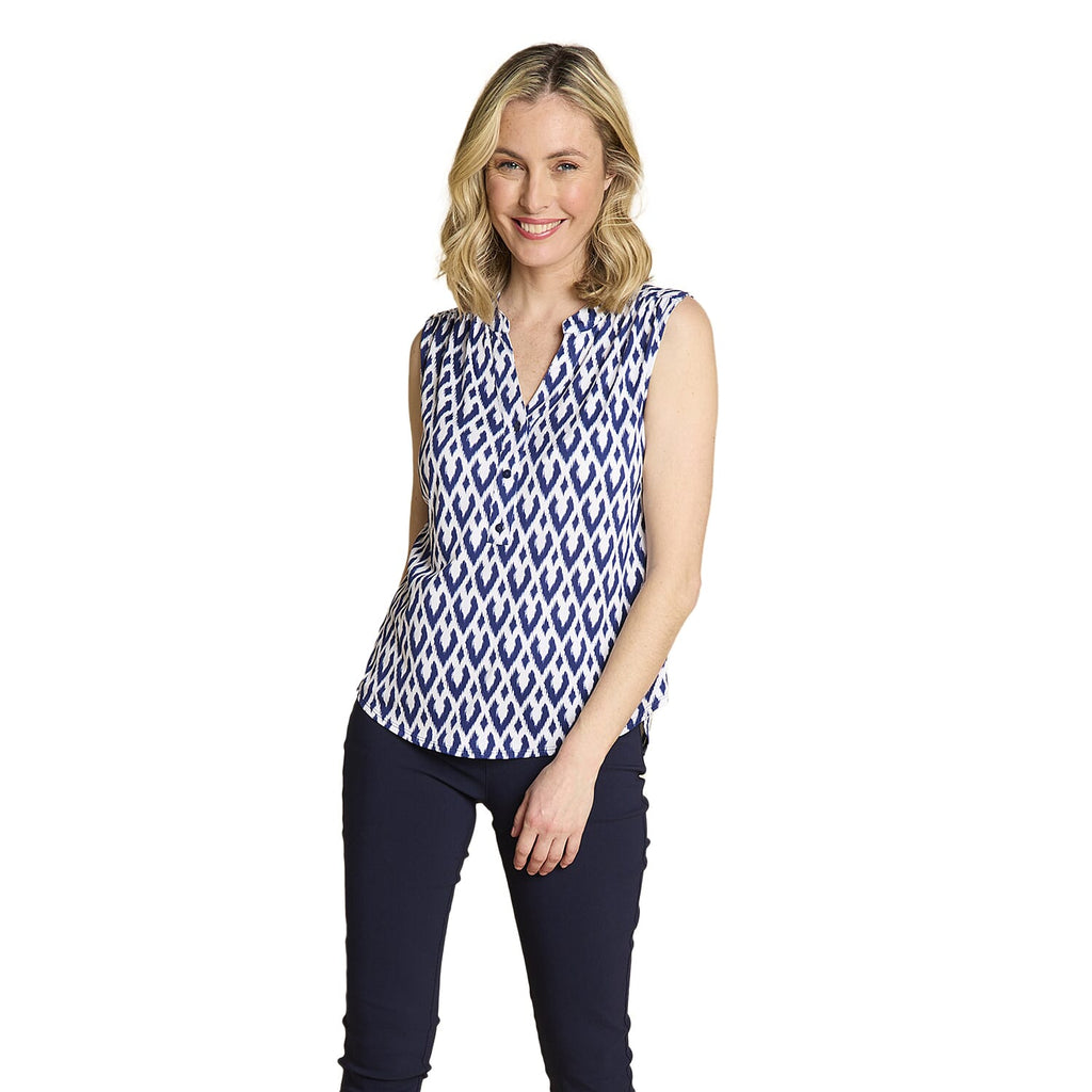 Emreco Geometric Print Mandarin Collar Sleeveless Blouse (Size 10) - White