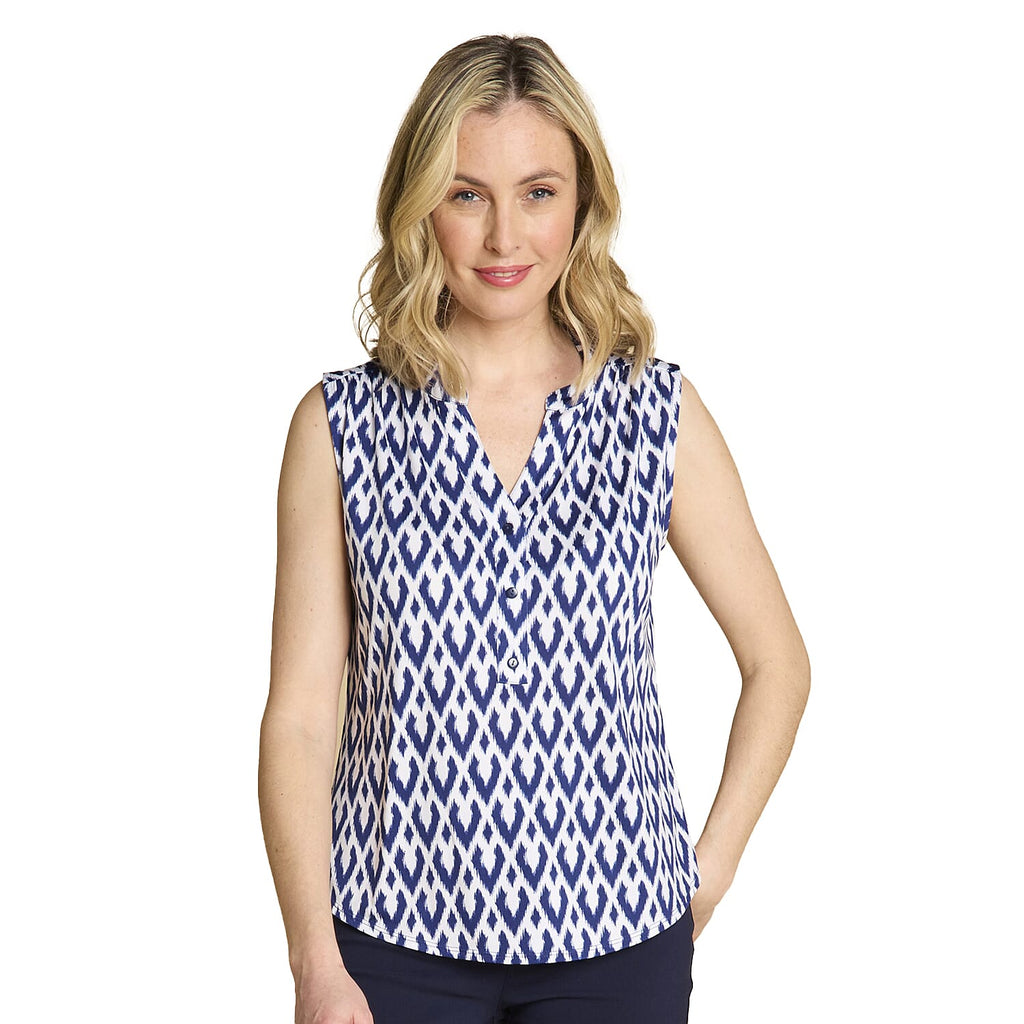 Emreco Geometric Print Mandarin Collar Sleeveless Blouse (Size 10) - White