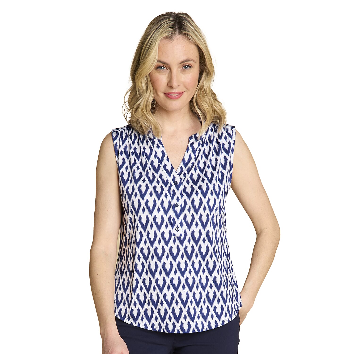 Emreco Geometric Print Mandarin Collar Sleeveless Blouse 7972464 2