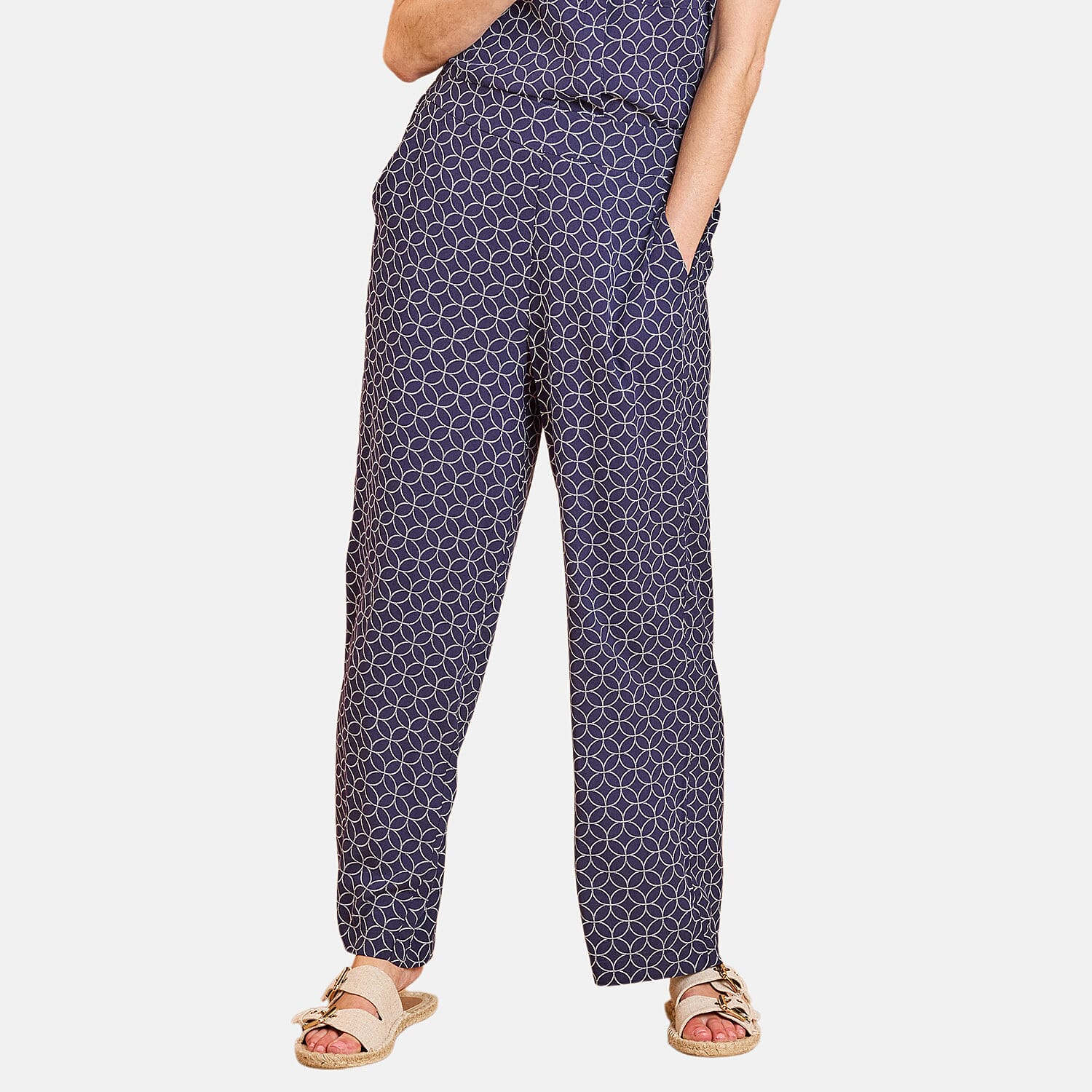 Emreco Spun Viscose Printed Elastic Waist Wide Leg Trouser (Size 12) - Navy 8265787 0