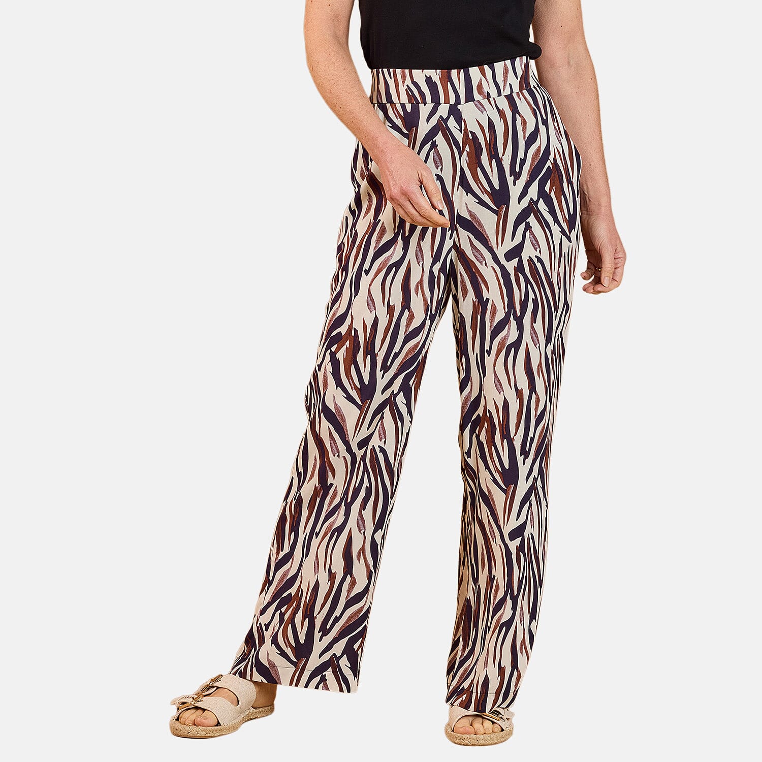 Emreco Spun Viscose Animal Print Elastic Waist Wide Leg Trouser (Size 14) - Brown &amp; Ivory V32519049 0