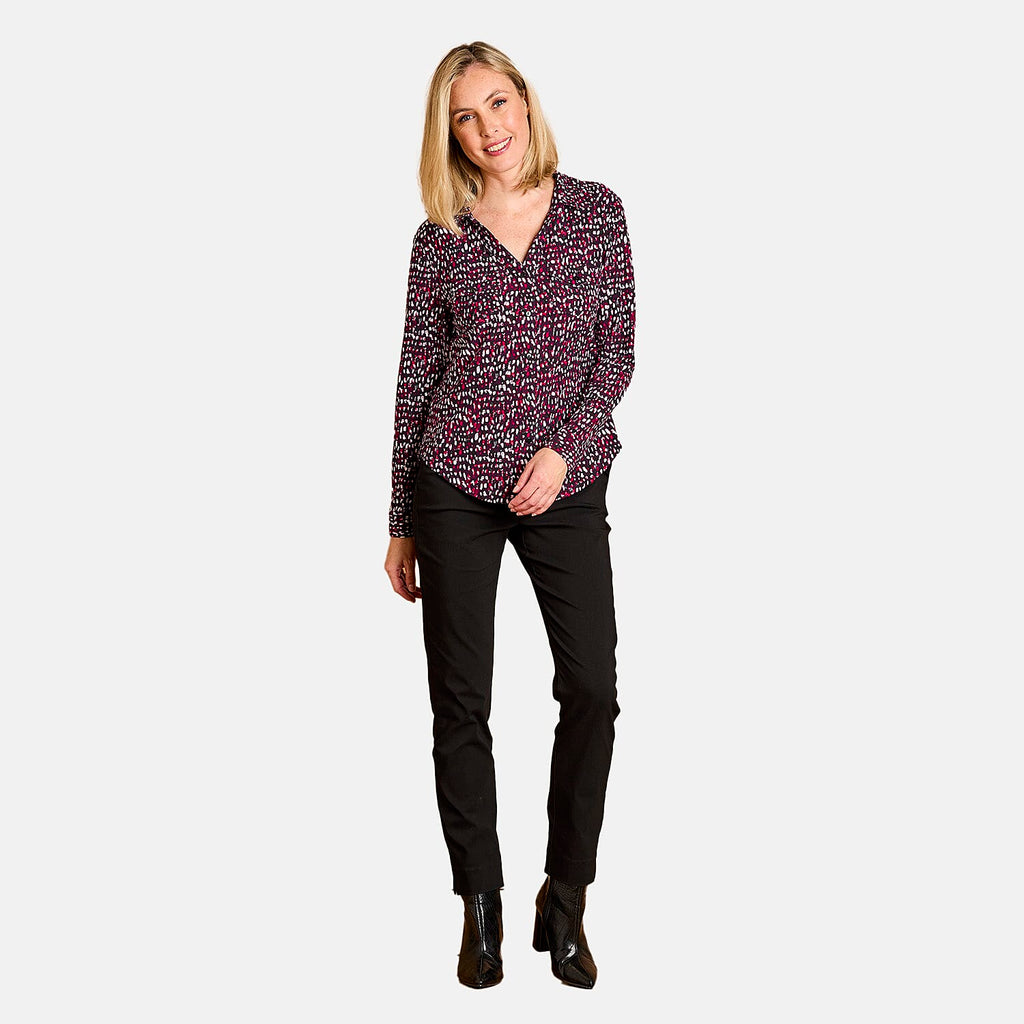 Emreco Long Sleeve Classic Collar Micro-Print Blouse (Size 16) -  Plum