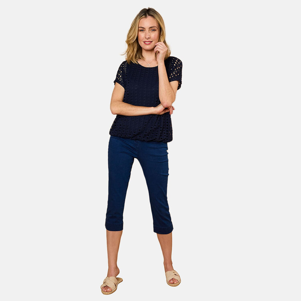 Emreco Lace Jersey Knit Elastic Hem Top (Size 12) - Navy