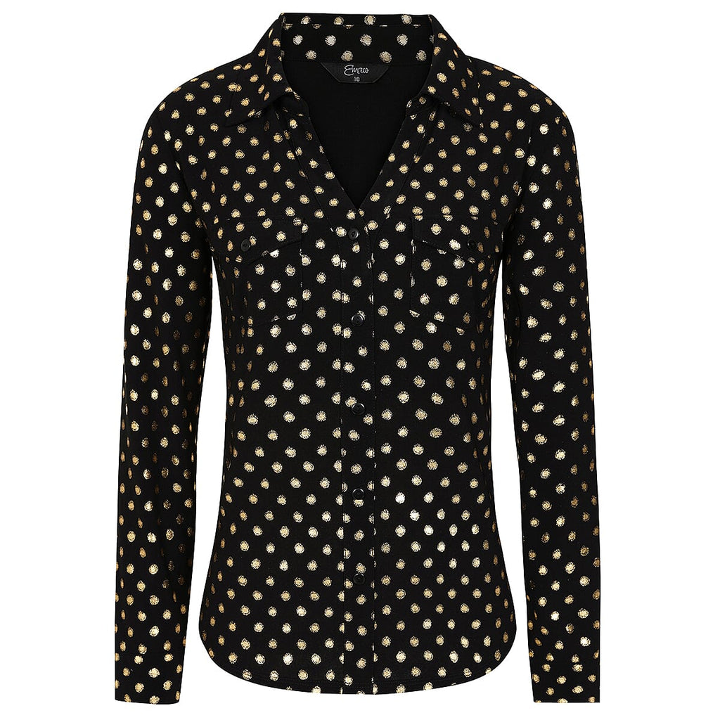 Emreco Long SLV Sparkle Classic Collar Blouse (Size 12) - Black