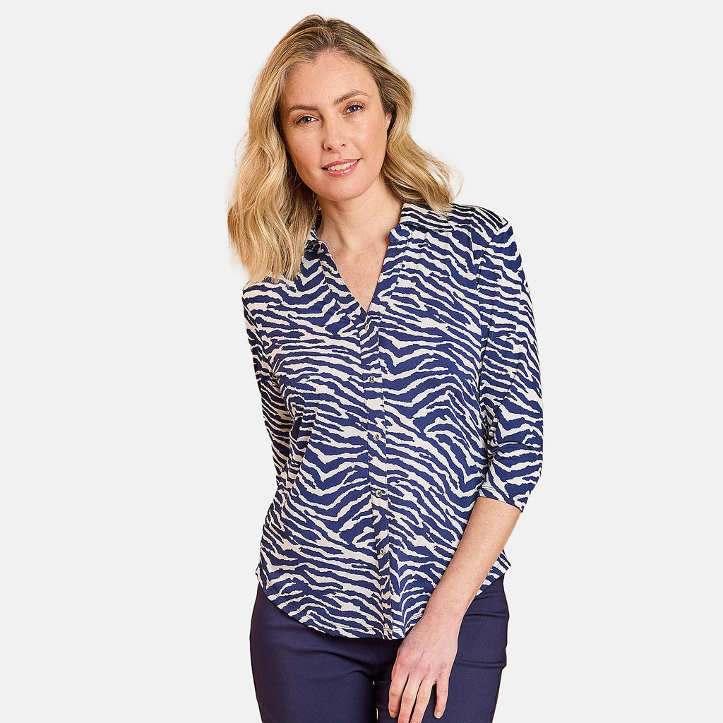 Emreco Mandarin Collar Printed Blouse (Size 10) - Navy