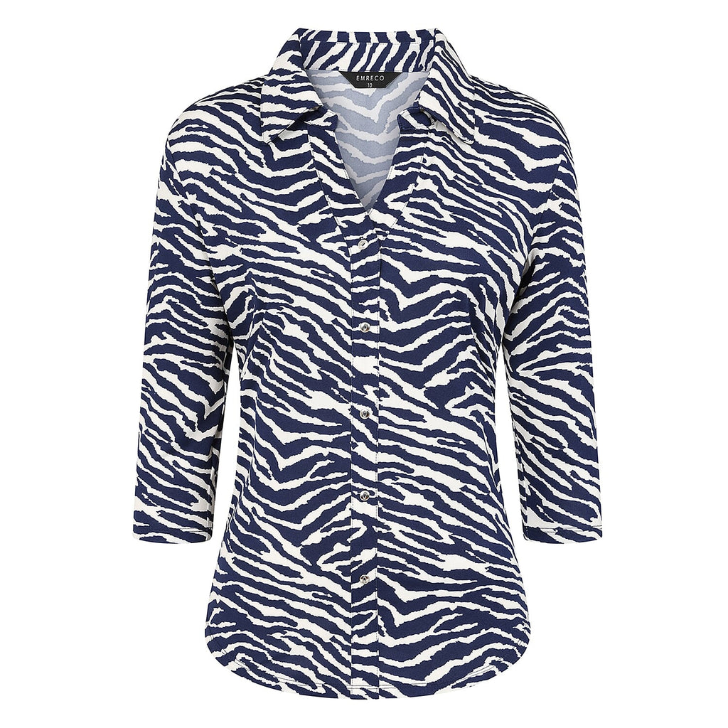Emreco Mandarin Collar Printed Blouse (Size 10) - Navy