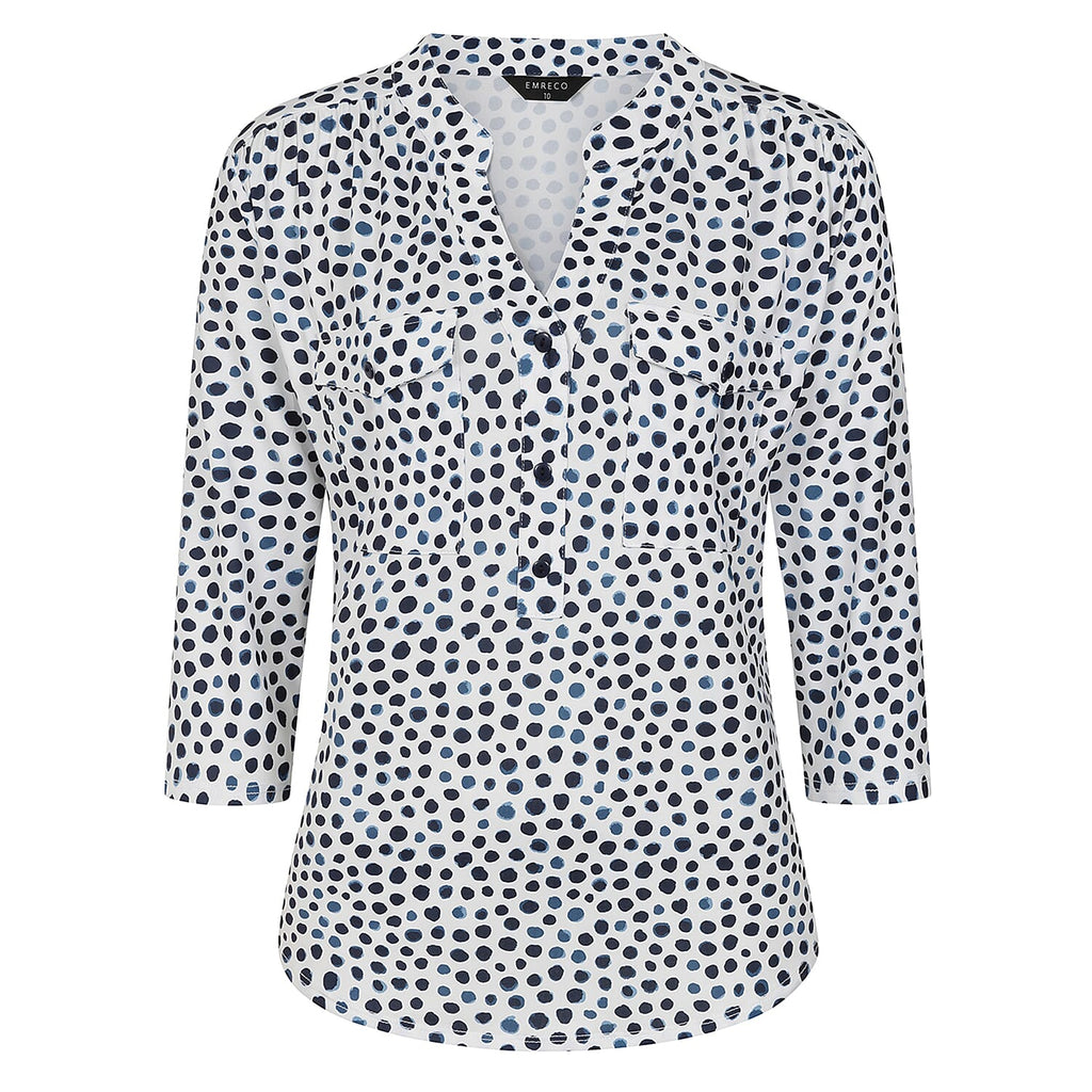 Emreco Mandarin Collar Printed Blouse (Size 12) - White