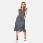 Emreco Half Circle Print Frill Shoulder Midi Dress (Size 18) - Navy