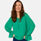 EMRECO 2 in 1 Long Sleeve Sheer Frill Top (Size 10) - Emerald