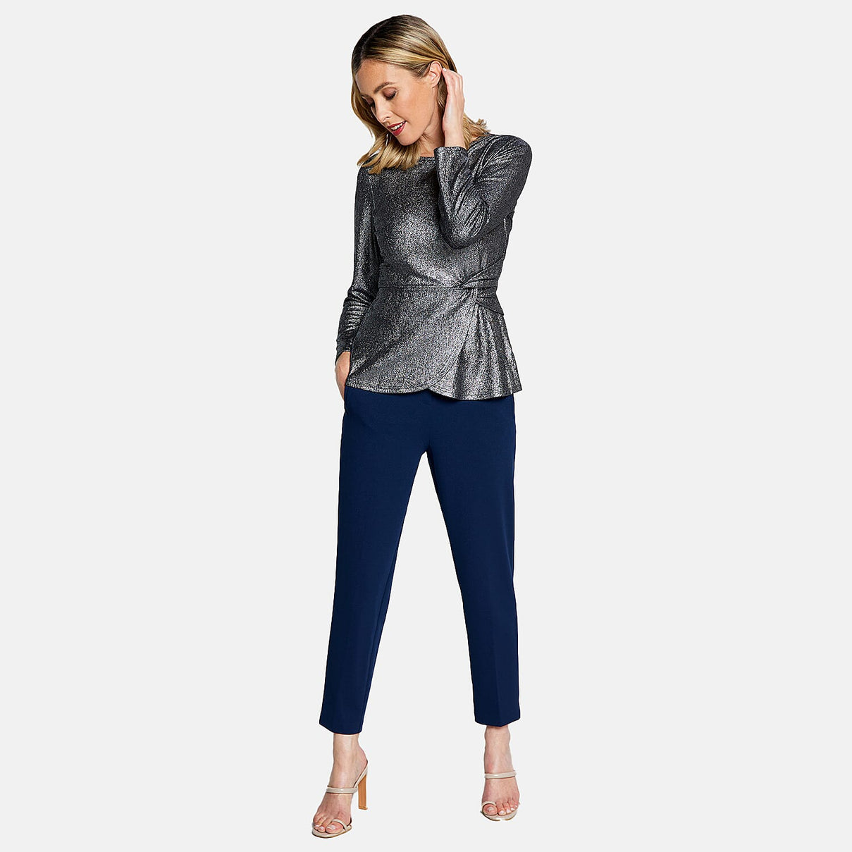 Long Sleeve Shimer Knot Waist Top (Size L) - Silver 7672101 0