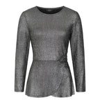 Long Sleeve Shimer Knot Waist Top (Size L) - Silver