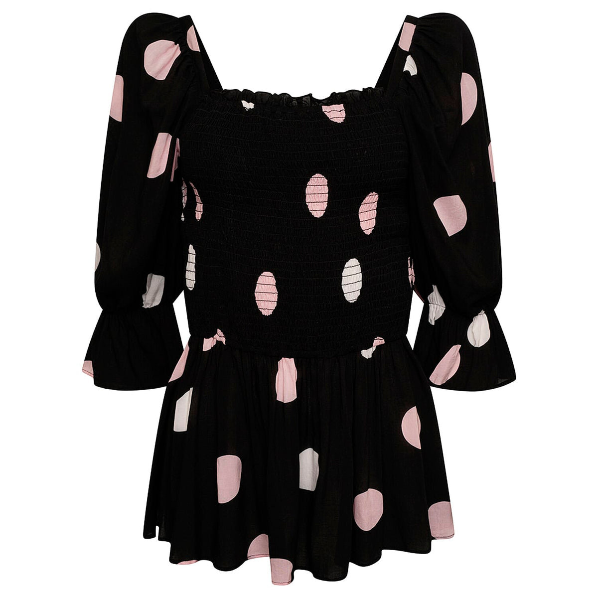Emreco Ruffle Peplum Smock Top with Spots - Black &amp; Cream 7554078 1