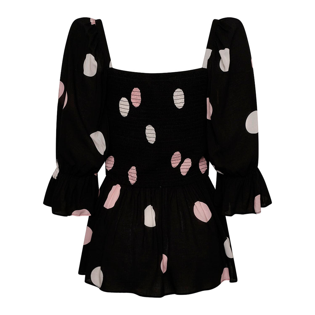 Emreco Ruffle Peplum Smock Top with Spots (Size 18) - Black & Cream