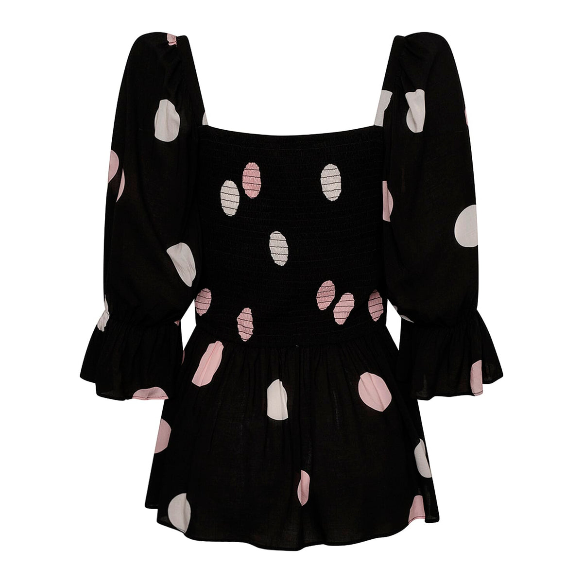 Emreco Ruffle Peplum Smock Top with Spots - Black &amp; Cream 7554078 2