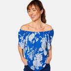 Emreco Short Sleeve Print Off Shoulder Top (Size 10) - Royal Blue