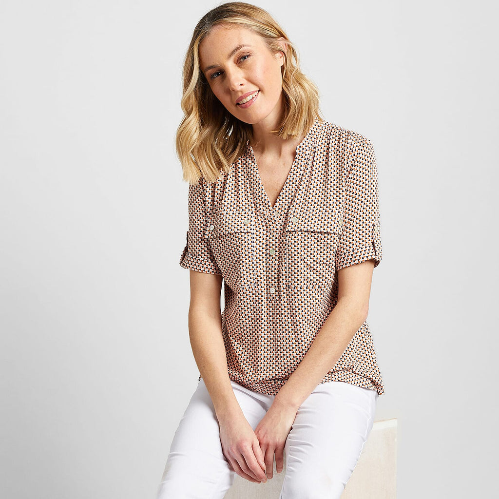 Emreco Short Sleeves Double Pocket Printed Blouse (Size 20) - Brown