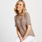 Emreco Short Sleeves Double Pocket Printed Blouse (Size 20) - Brown
