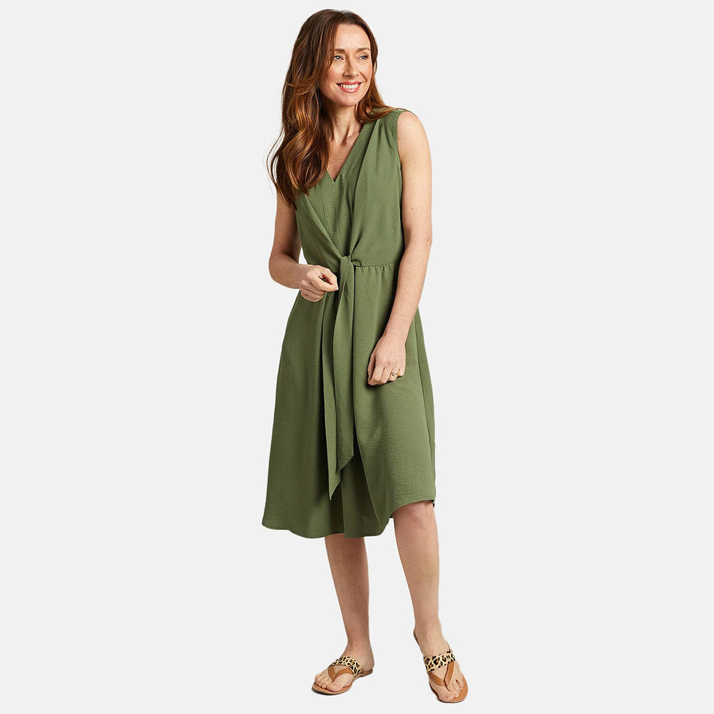 Emreco Tie Front Sleeveless V-Neck Midi Dress (Size 12) - Khaki