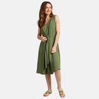 Emreco Tie Front Sleeveless V-Neck Midi Dress (Size 12) - Khaki