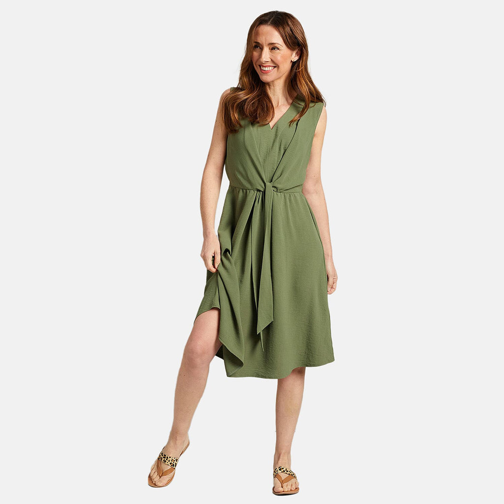 Emreco Tie Front Sleeveless V-Neck Midi Dress (Size 12) - Khaki