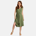 Emreco Tie Front Sleeveless V-Neck Midi Dress (Size 12) - Khaki