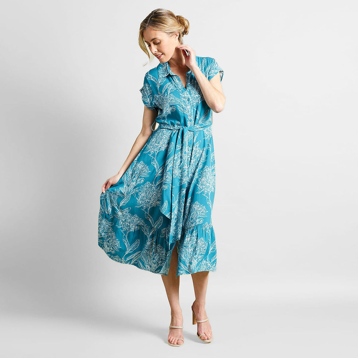 Emreco Tie Waist Short Sleeves Midi Shirt Dress - Teal 7554135 0