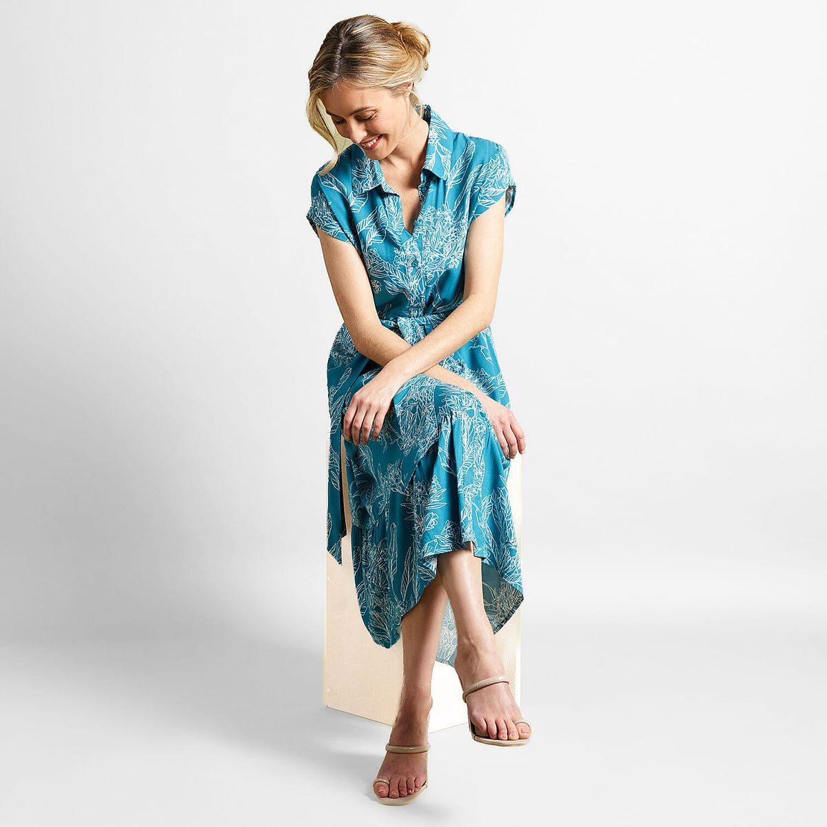 Emreco Tie Waist Short Sleeves Midi Shirt Dress - Teal 7554135 2