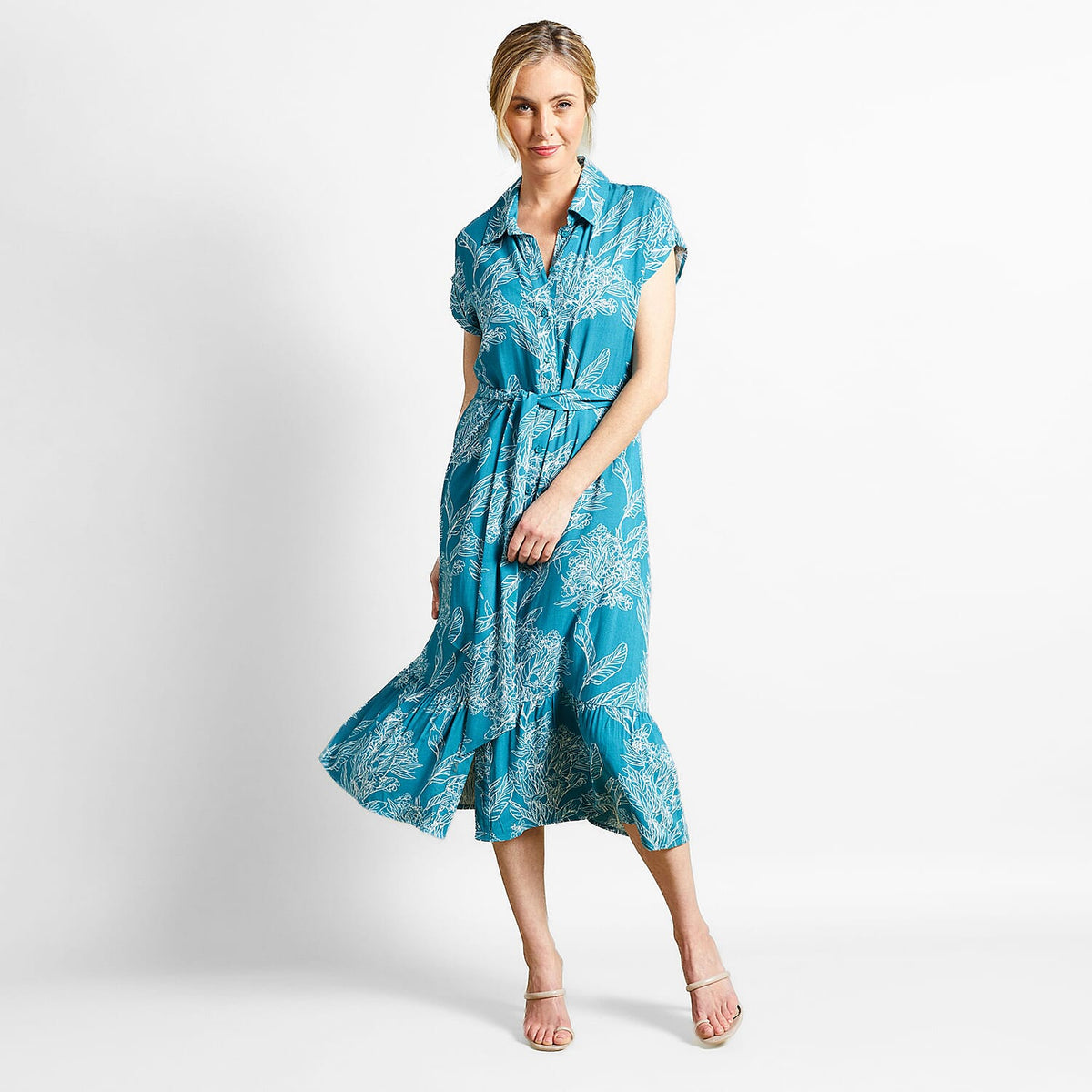 Emreco Tie Waist Short Sleeves Midi Shirt Dress - Teal 7554135 5