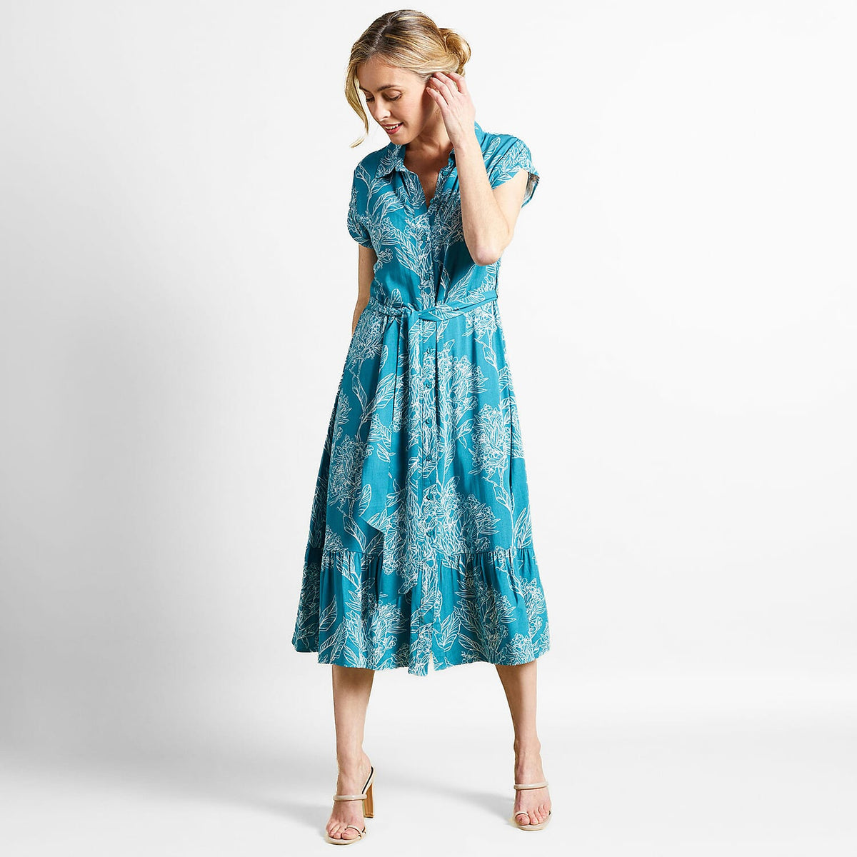 Emreco Tie Waist Short Sleeves Midi Shirt Dress - Teal 7554135 6