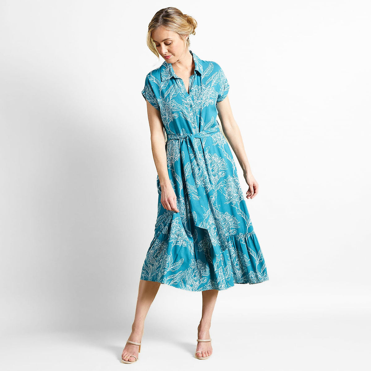 Emreco Tie Waist Short Sleeves Midi Shirt Dress - Teal 7554135 8