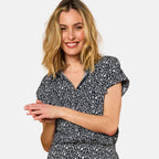 Emreco 100% Viscose Roll Sleeve Relaxed Fit Print Blouse (Size 14) - Navy